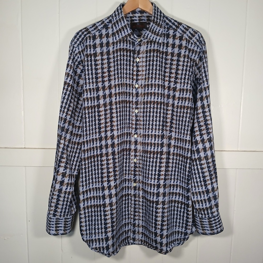 Etro Button Up Shirt Mens 44 Blue Brown Abstract Geometric Houndstooth Print